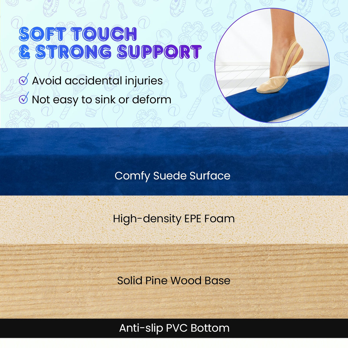 9 FT Folding Gymnastics Balance Beam with Anti-slip Base and Pine Wood Frame-Blue view 7