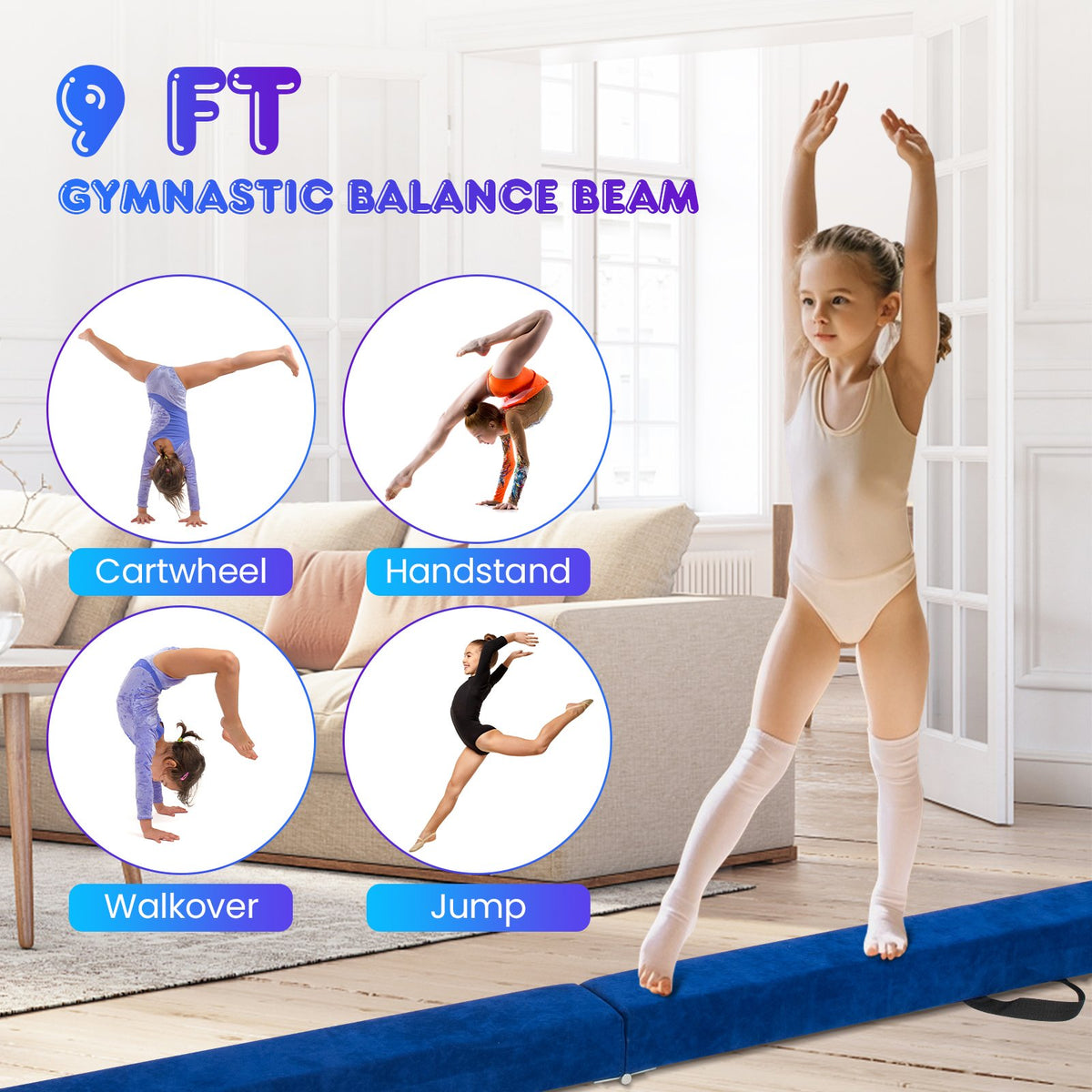 9 FT Folding Gymnastics Balance Beam with Anti-slip Base and Pine Wood Frame-Blue view 8
