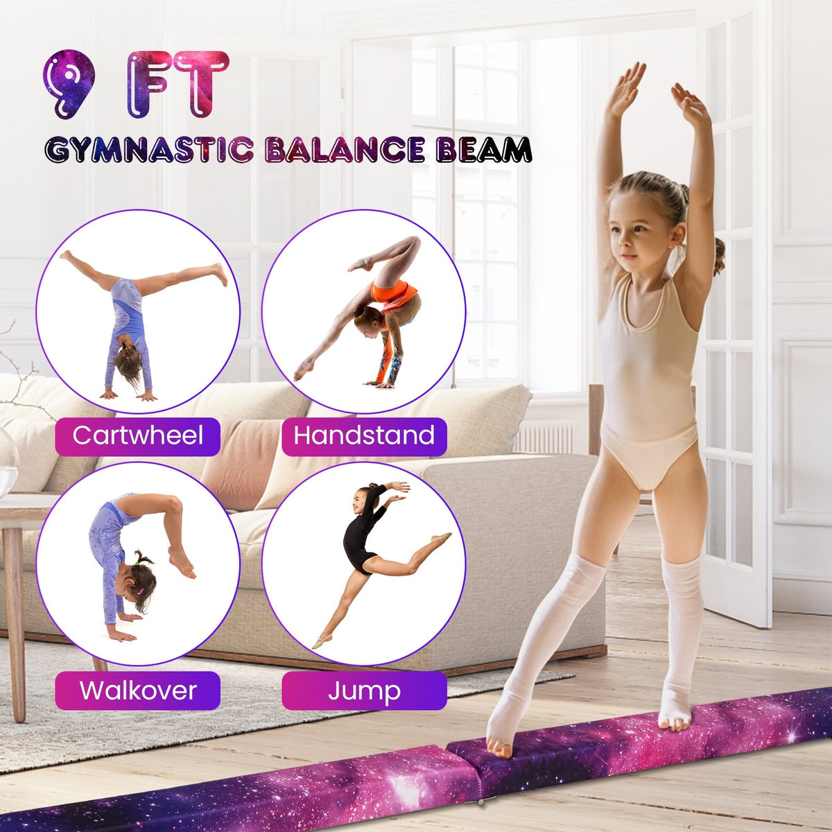9 FT Folding Gymnastics Balance Beam with Anti-slip Base and Pine Wood Frame-Multicolor view 8