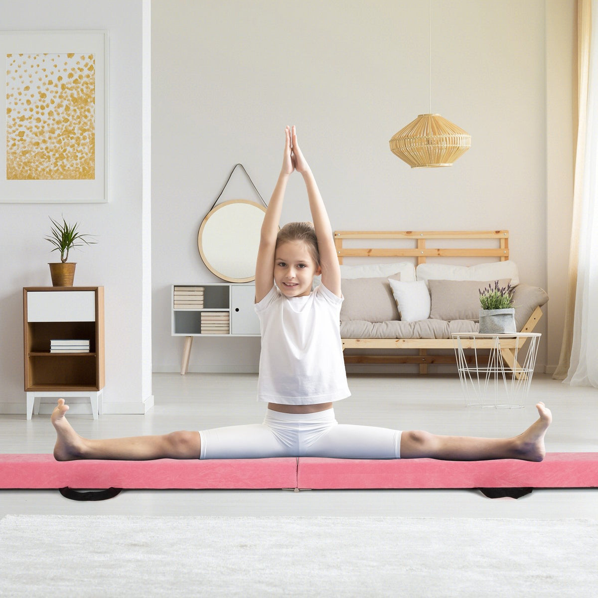 9 FT Folding Gymnastics Balance Beam with Anti-slip Base and Pine Wood Frame-Pink view 2