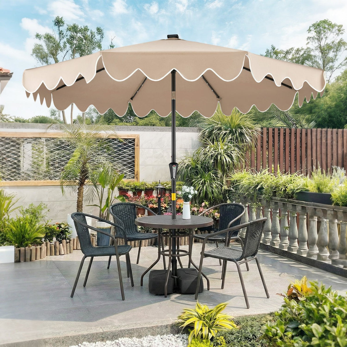 9 FT Outdoor Patio Umbrella with Solar LED Lights and Weighted Base-Brown view 3