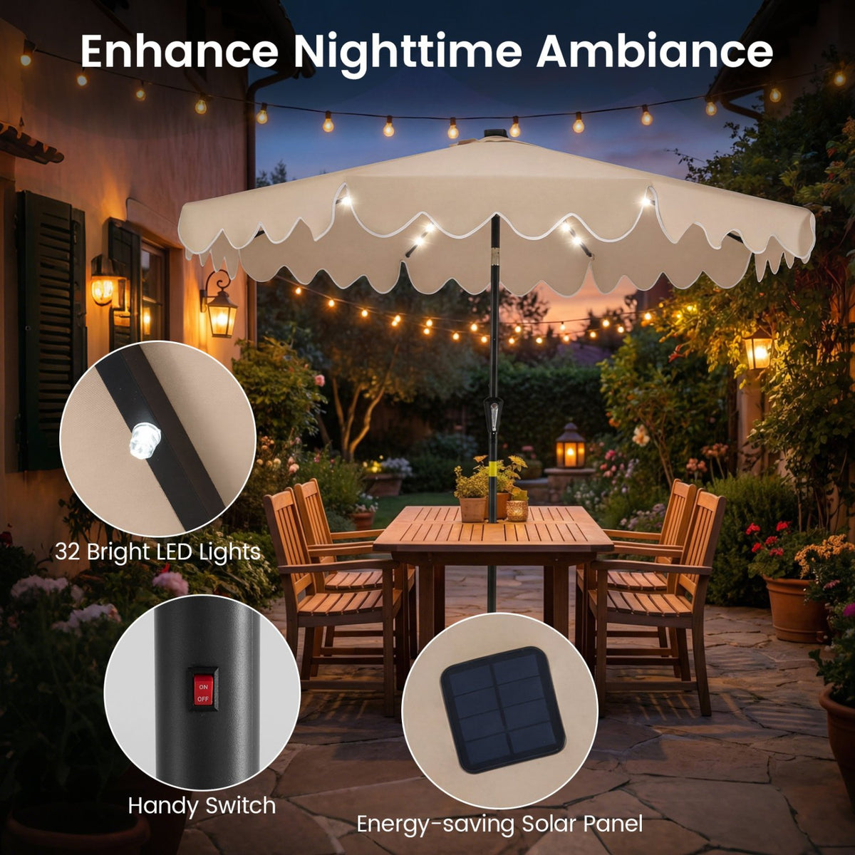 9 FT Outdoor Patio Umbrella with Solar LED Lights and Weighted Base-Brown view 7