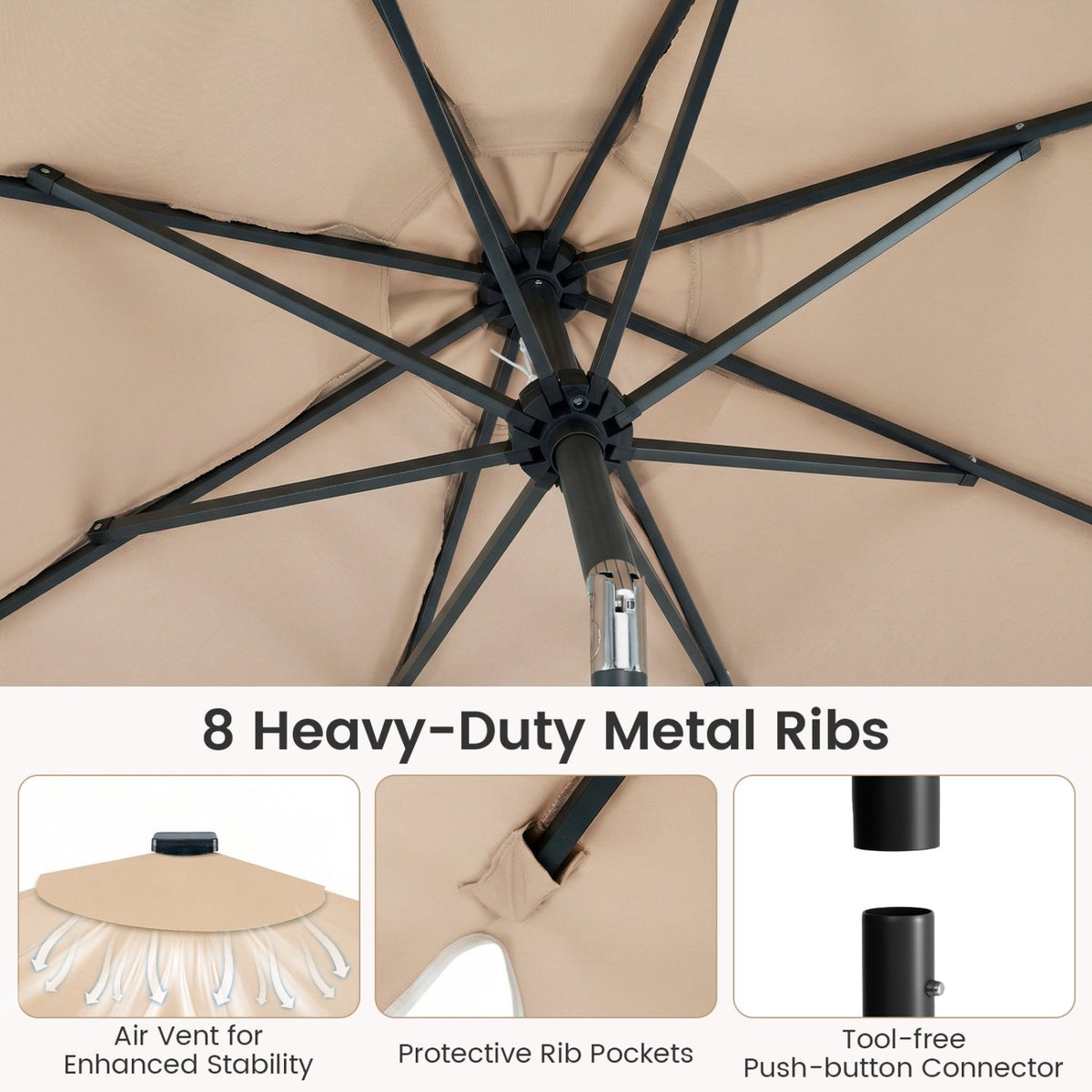 9 FT Outdoor Patio Umbrella with Solar LED Lights and Weighted Base-Brown view 9