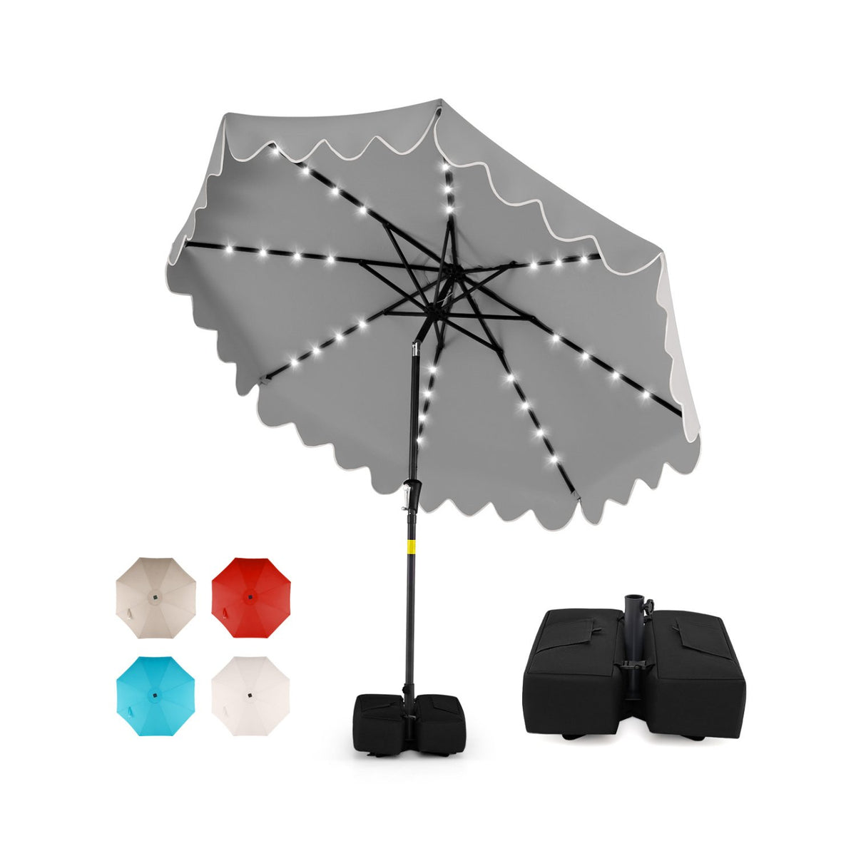 9 FT Outdoor Patio Umbrella with Solar LED Lights and Weighted Base-Gray