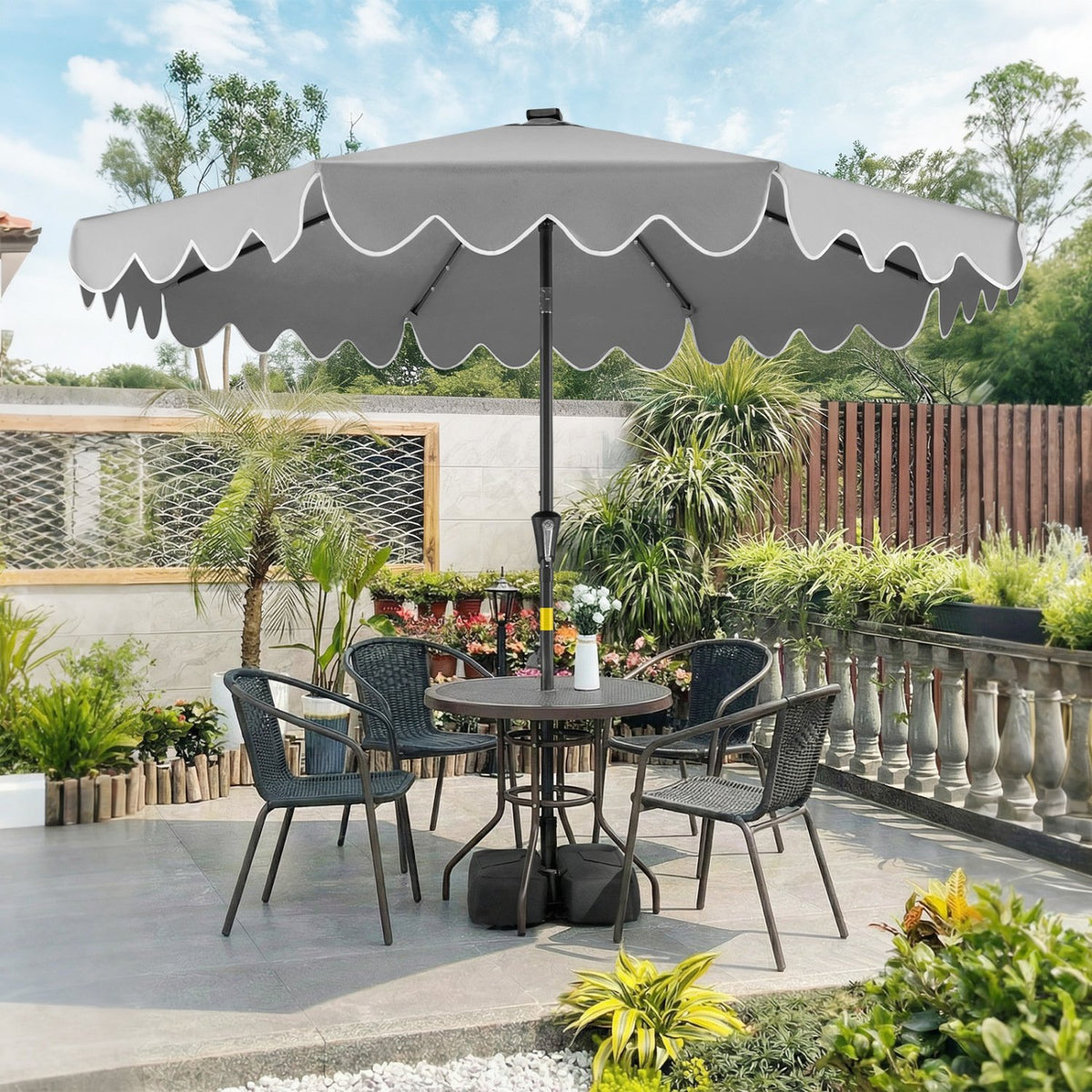 9 FT Outdoor Patio Umbrella with Solar LED Lights and Weighted Base-Gray view 3