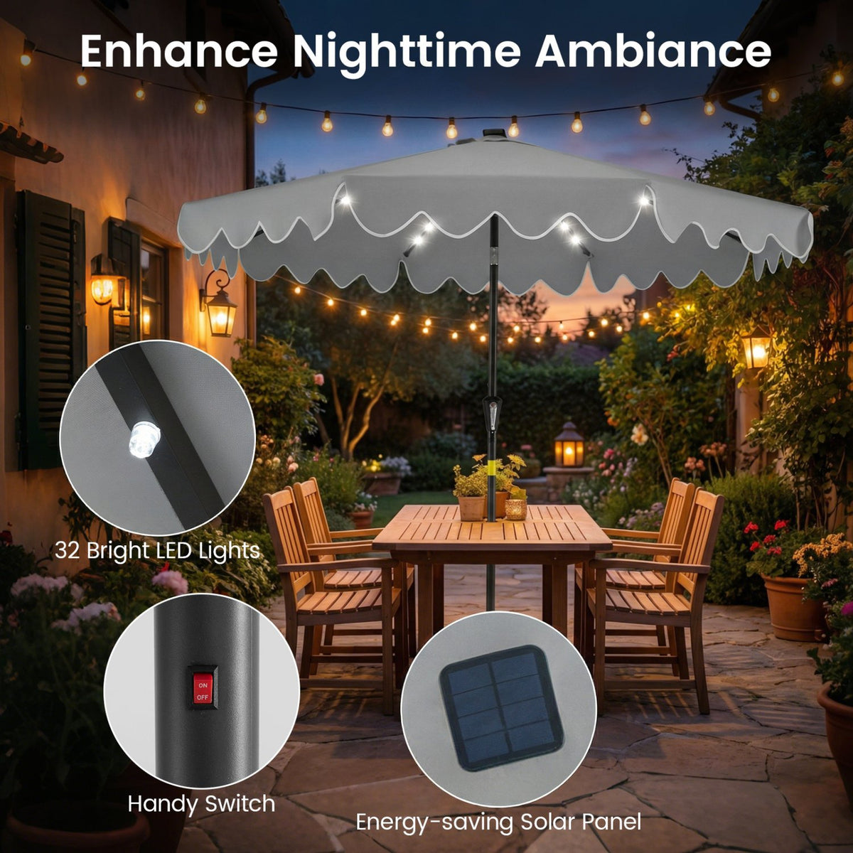 9 FT Outdoor Patio Umbrella with Solar LED Lights and Weighted Base-Gray view 7