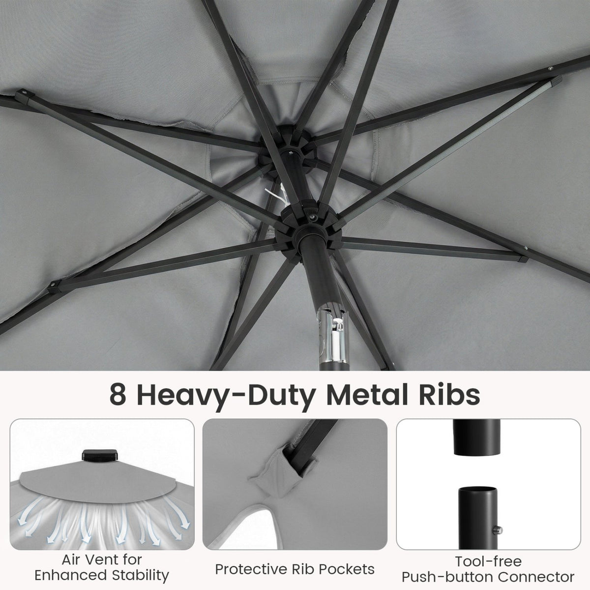 9 FT Outdoor Patio Umbrella with Solar LED Lights and Weighted Base-Gray view 9