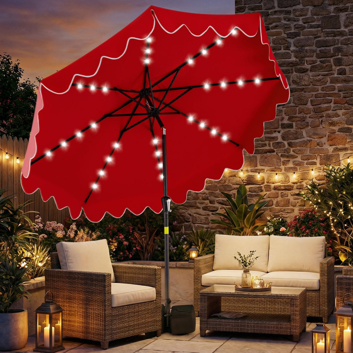 9 FT Outdoor Patio Umbrella with Solar LED Lights and Weighted Base-Red view 2
