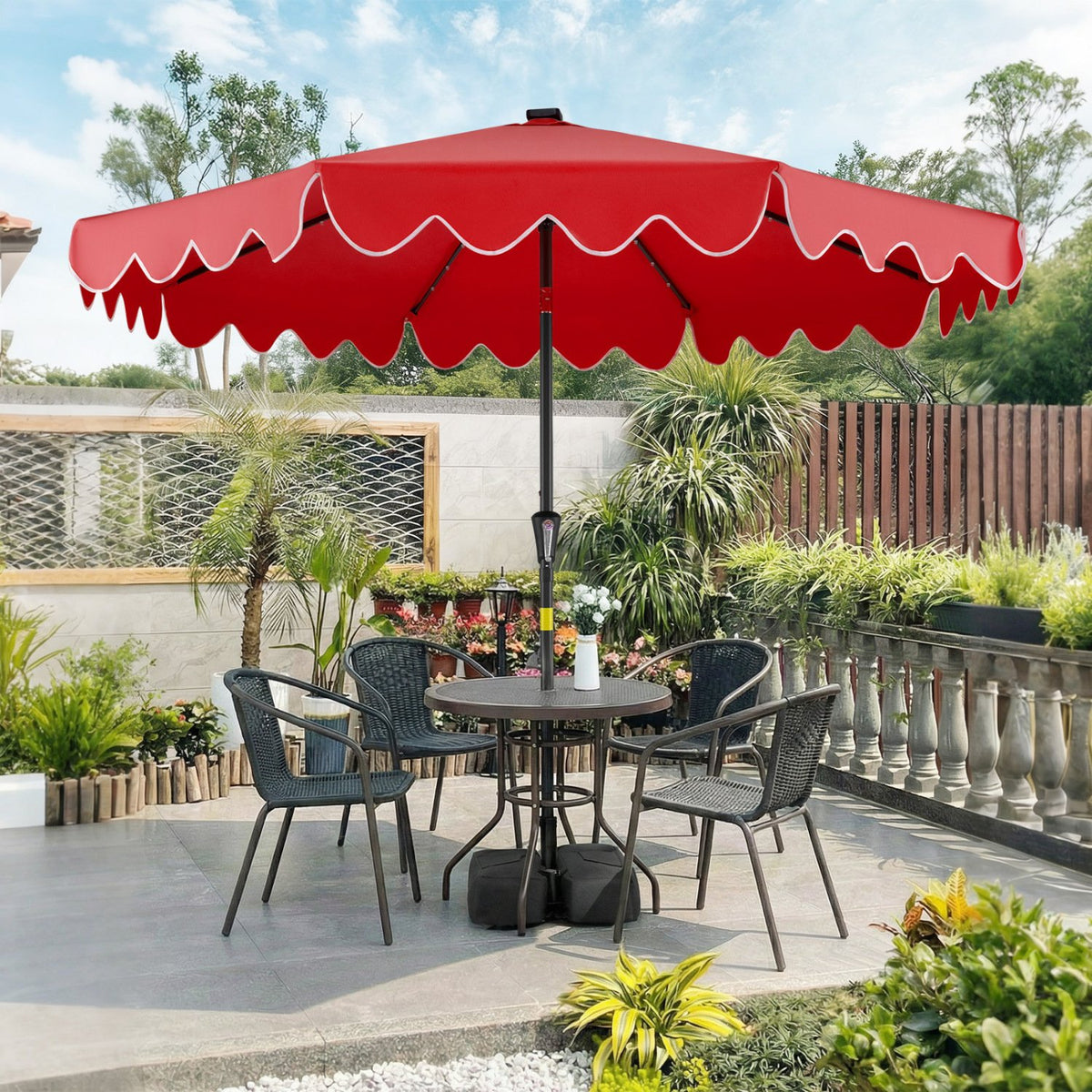 9 FT Outdoor Patio Umbrella with Solar LED Lights and Weighted Base-Red view 3