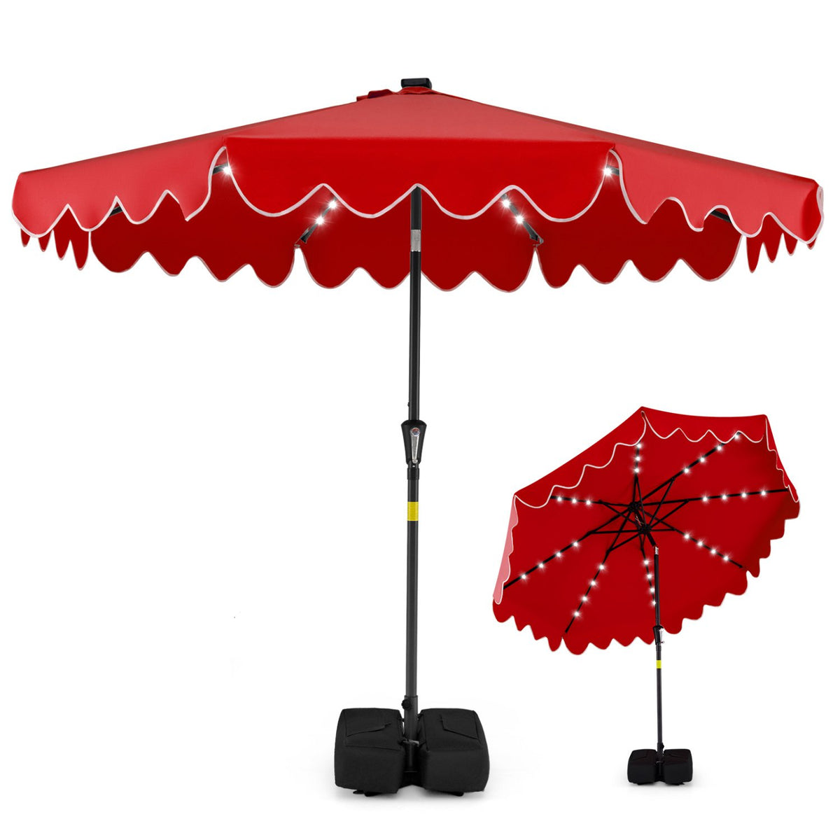 9 FT Outdoor Patio Umbrella with Solar LED Lights and Weighted Base-Red view 4