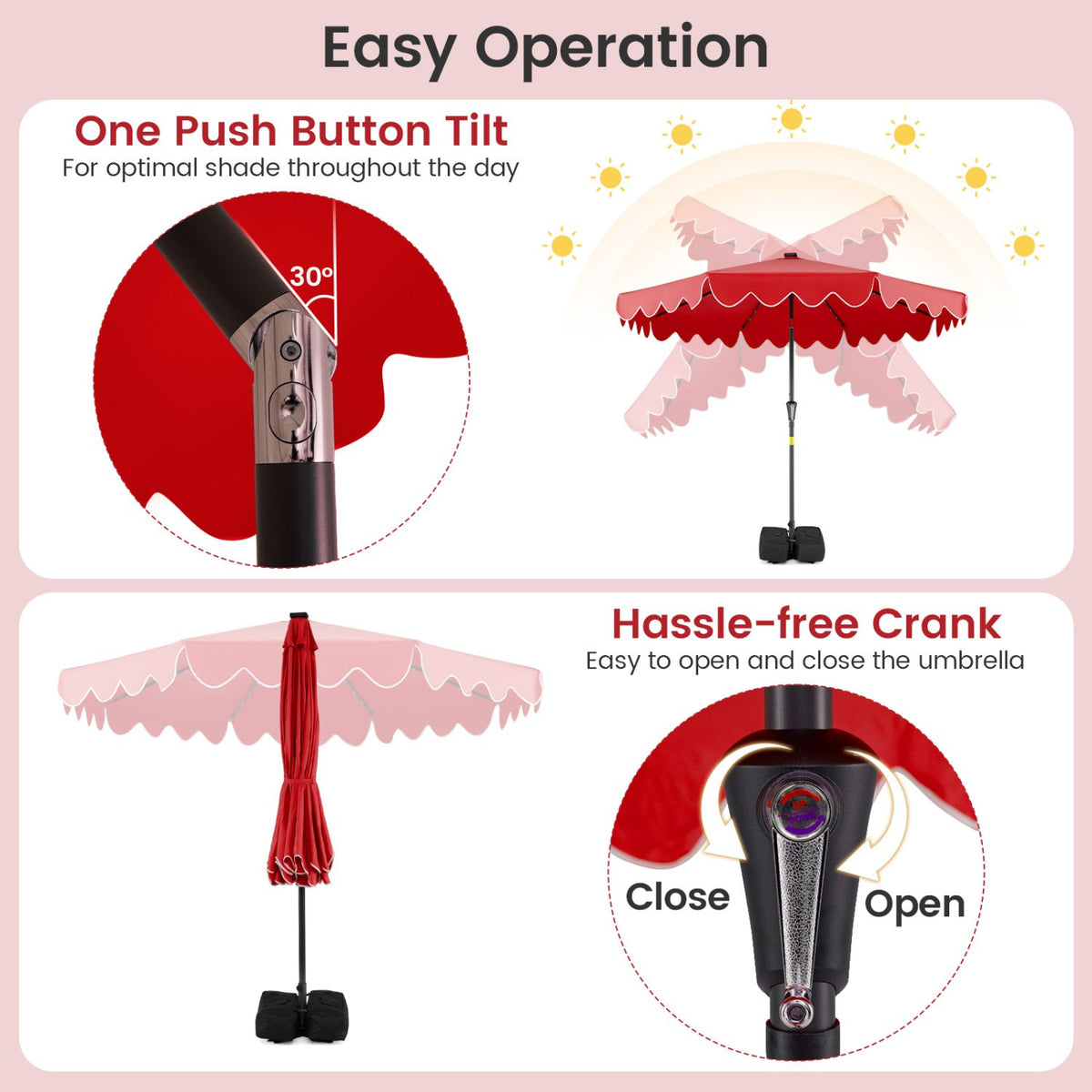 9 FT Outdoor Patio Umbrella with Solar LED Lights and Weighted Base-Red view 8