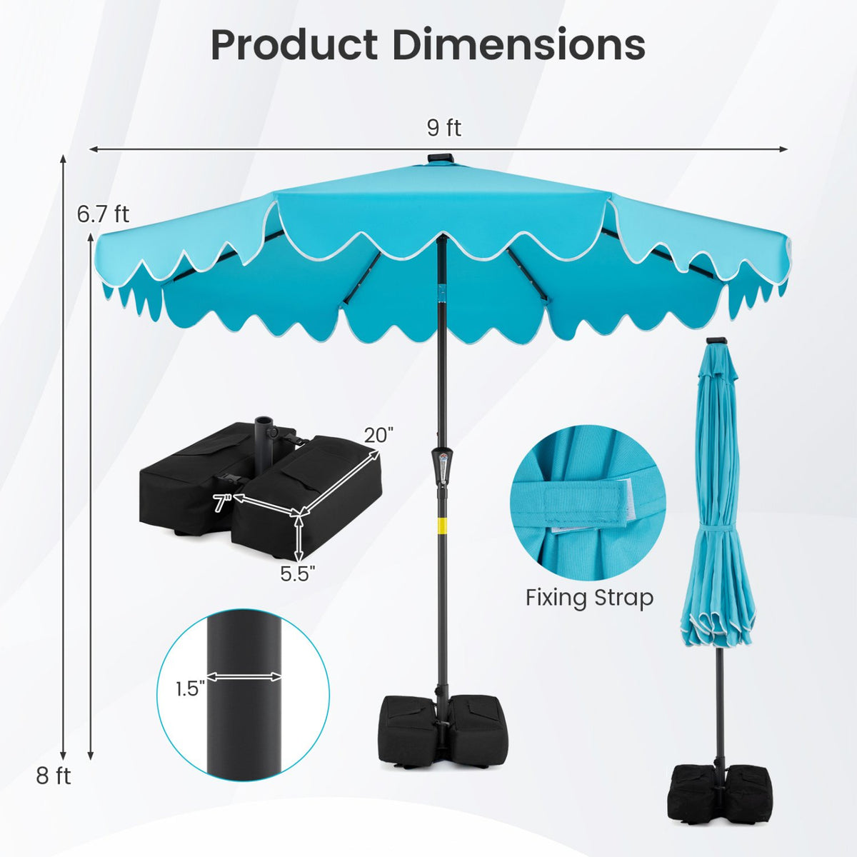 9 FT Outdoor Patio Umbrella with Solar LED Lights and Weighted Base-Turquoise view 5