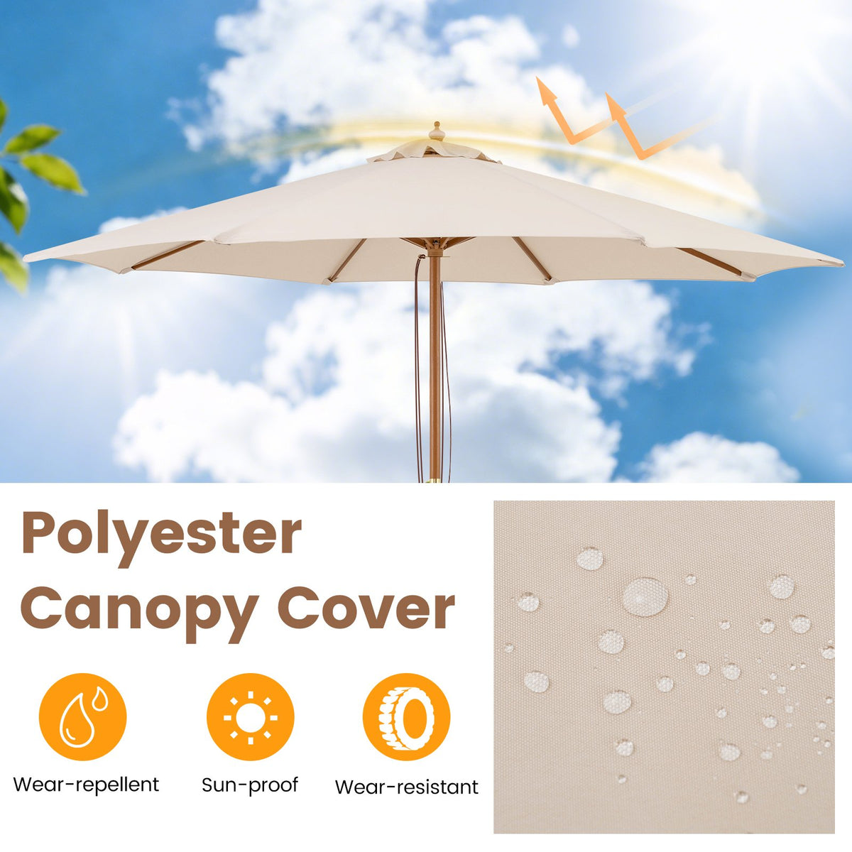 9 FT Patio Umbrella Outdoor Table Market Umbrella with 8 Sturdy Bamboo Ribs-Beige view 7