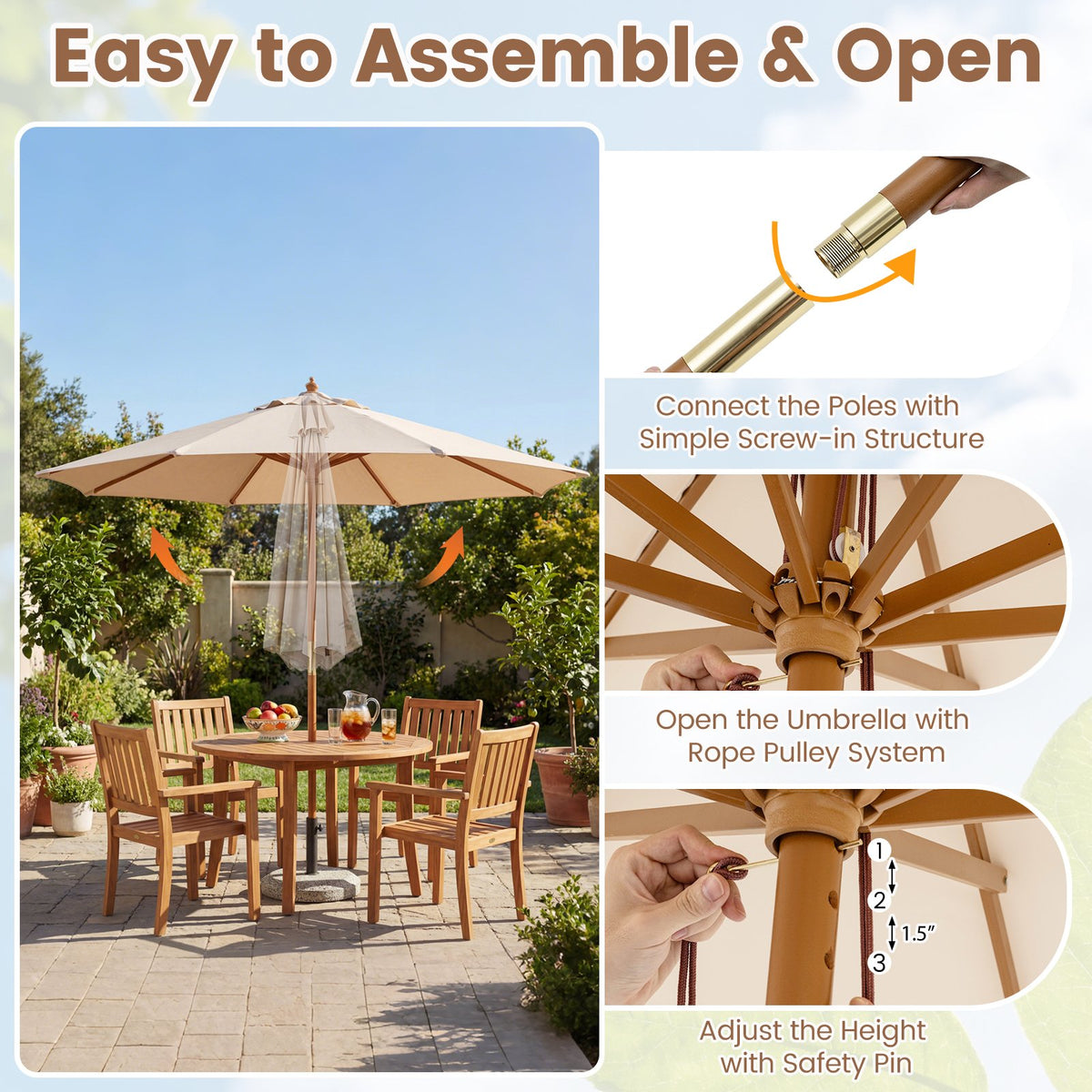 9 FT Patio Umbrella Outdoor Table Market Umbrella with 8 Sturdy Bamboo Ribs-Beige view 8