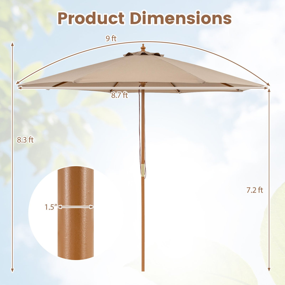 9 FT Patio Umbrella Outdoor Table Market Umbrella with 8 Sturdy Bamboo Ribs-Brown view 4