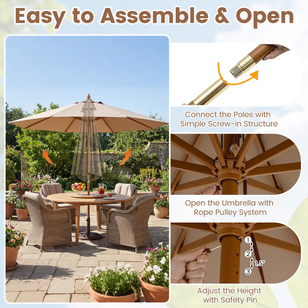 9 FT Patio Umbrella Outdoor Table Market Umbrella with 8 Sturdy Bamboo Ribs-Brown view 8