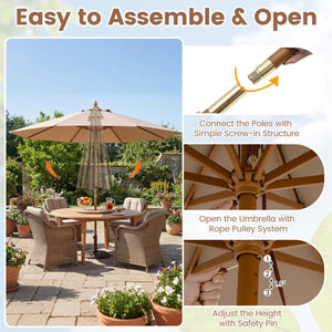 9 FT Patio Umbrella Outdoor Table Market Umbrella with 8 Sturdy Bamboo Ribs-Brown view 8