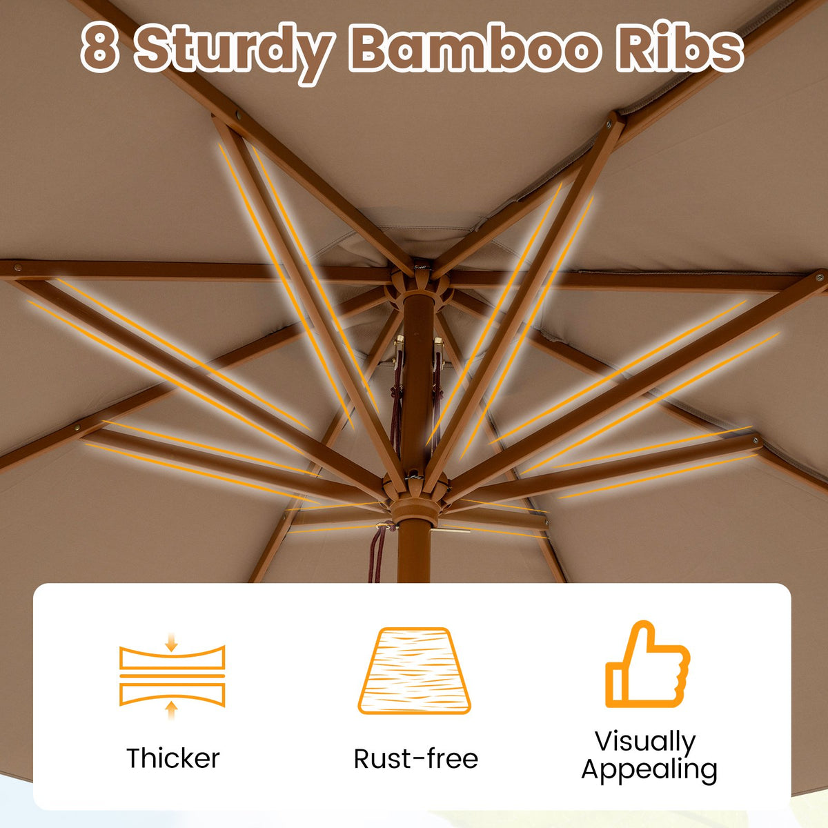 9 FT Patio Umbrella Outdoor Table Market Umbrella with 8 Sturdy Bamboo Ribs-Brown view 9