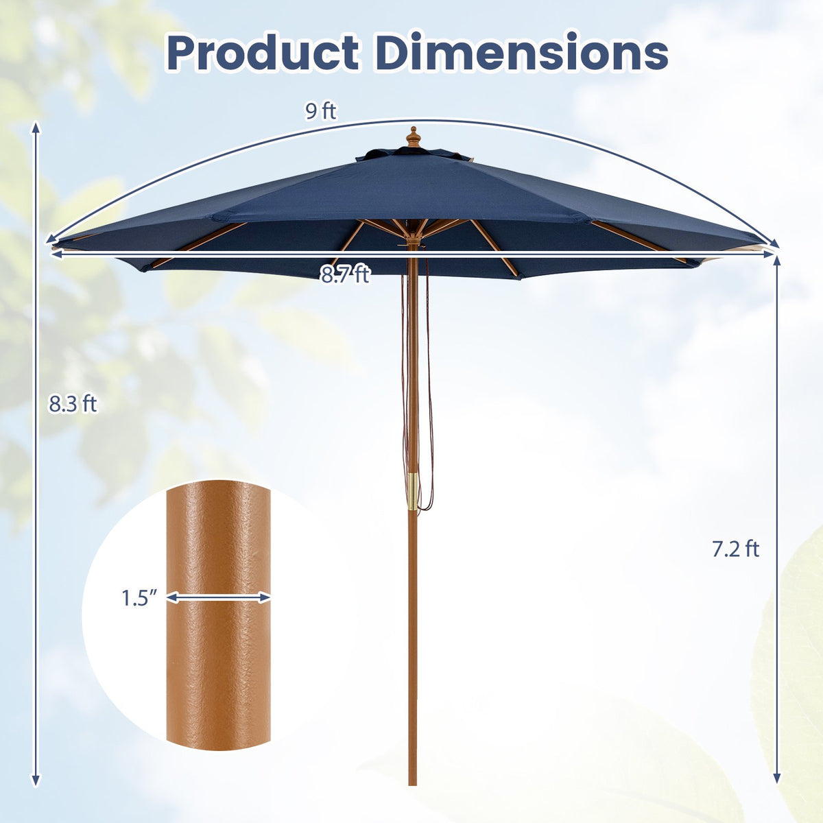 9 FT Patio Umbrella Outdoor Table Market Umbrella with 8 Sturdy Bamboo Ribs-Navy view 6