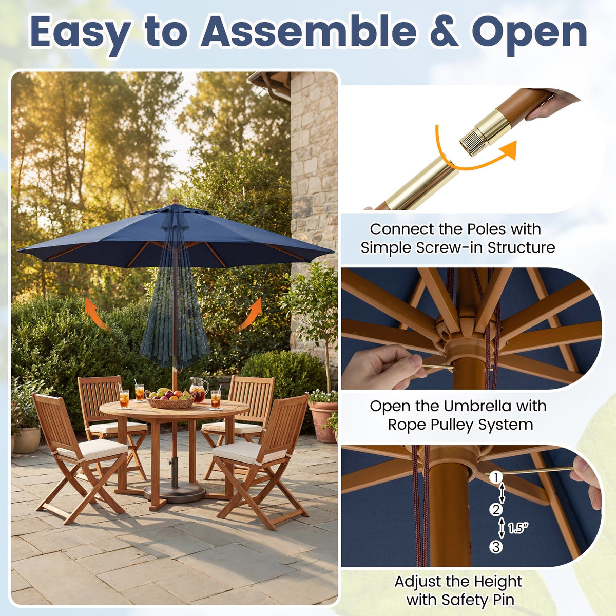 9 FT Patio Umbrella Outdoor Table Market Umbrella with 8 Sturdy Bamboo Ribs-Navy view 8