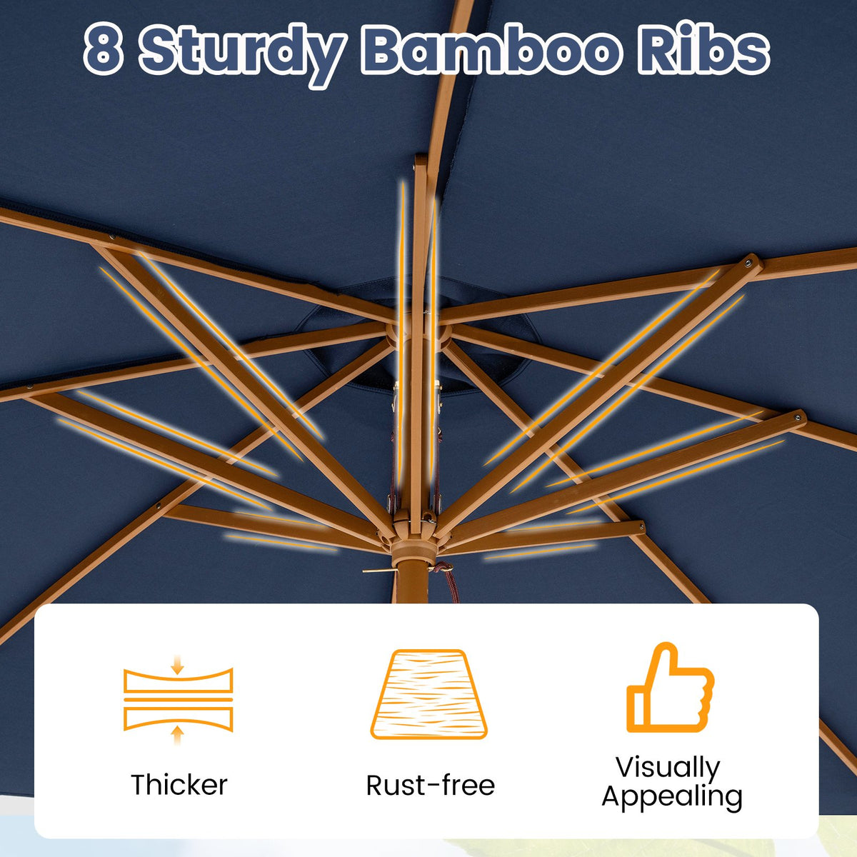 9 FT Patio Umbrella Outdoor Table Market Umbrella with 8 Sturdy Bamboo Ribs-Navy view 9