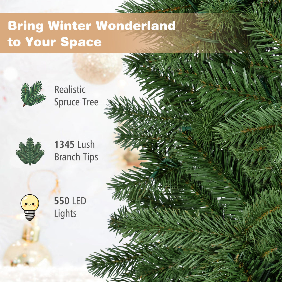 9 FT Pencil Alpine Christmas Tree with 1345 Full Branch Tips and 550 Dual-Color LED Lights view 7