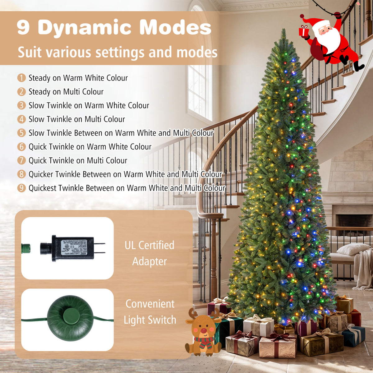 9 FT Pencil Alpine Christmas Tree with 1345 Full Branch Tips and 550 Dual-Color LED Lights view 8