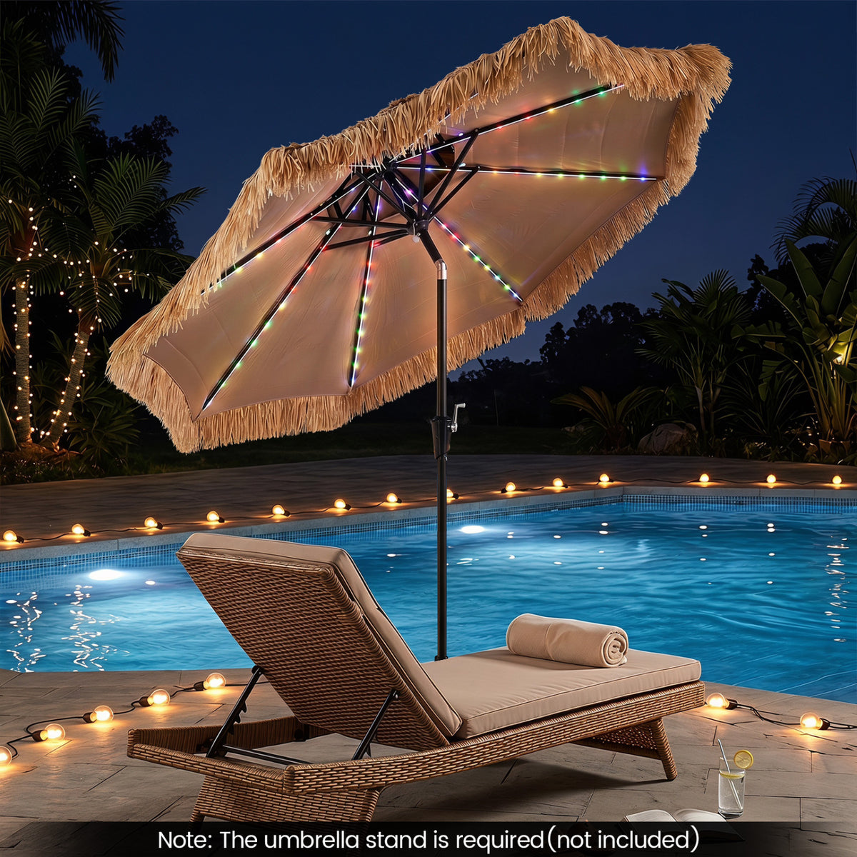 9 FT Solar Thatched Tiki Umbrella with 96 Multi-colored Flowing Lights and 12 Modes-Beige view 3