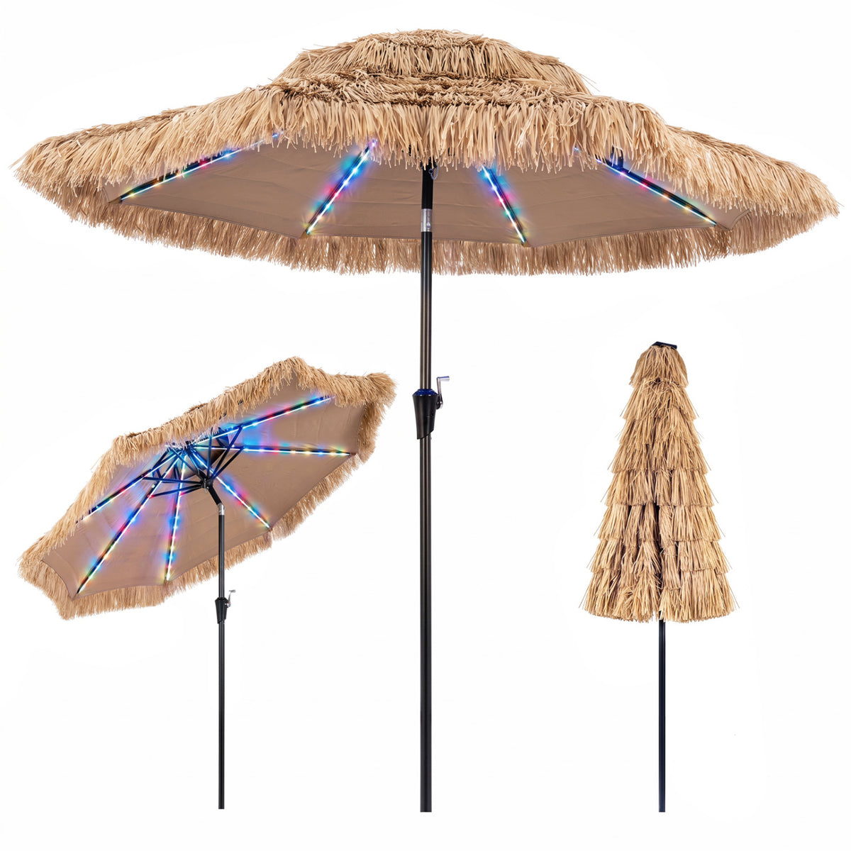 9 FT Solar Thatched Tiki Umbrella with 96 Multi-colored Flowing Lights and 12 Modes-Beige view 4