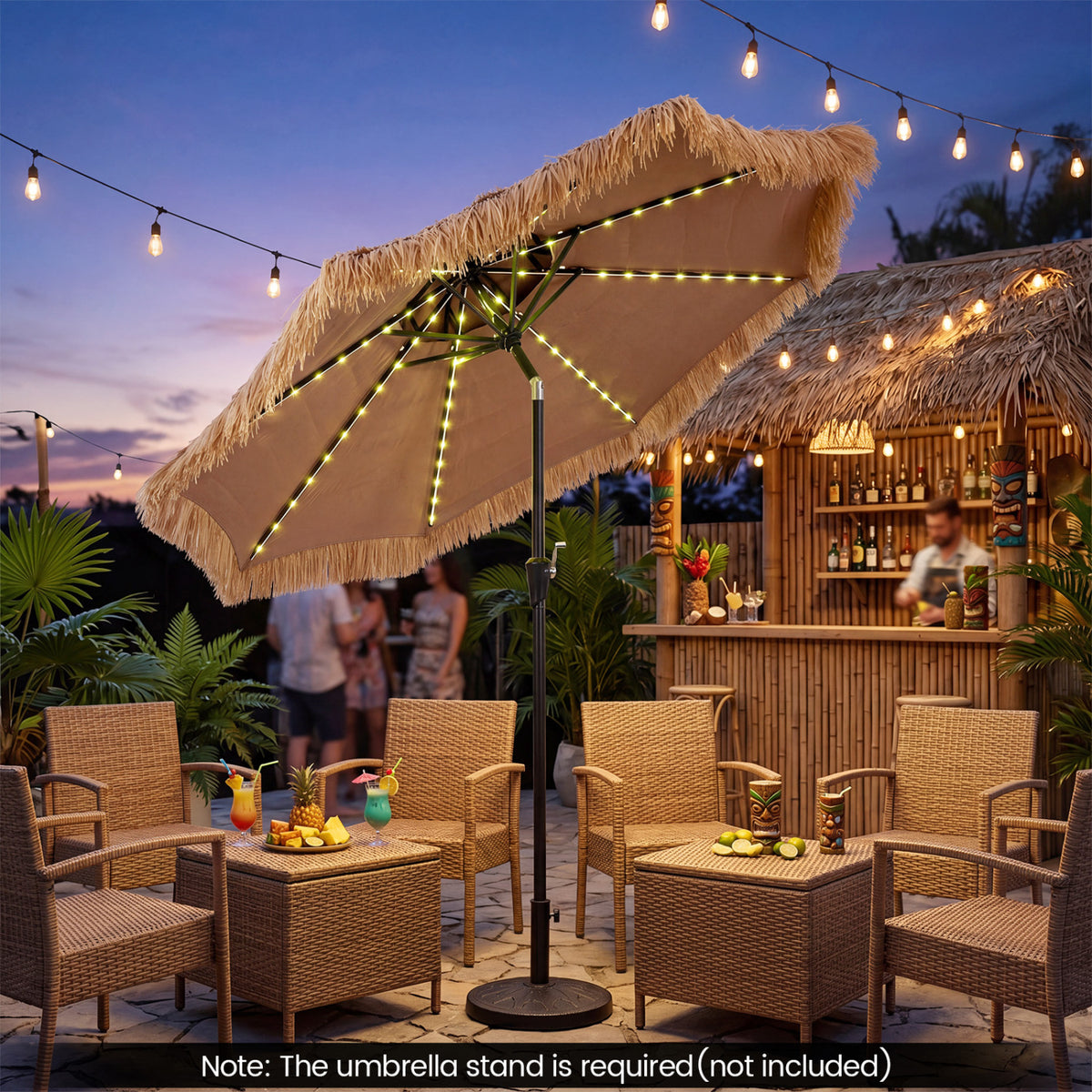 9 FT Solar Thatched Tiki Umbrella with 96 Multi-colored Flowing Lights and 12 Modes-Beige view 6