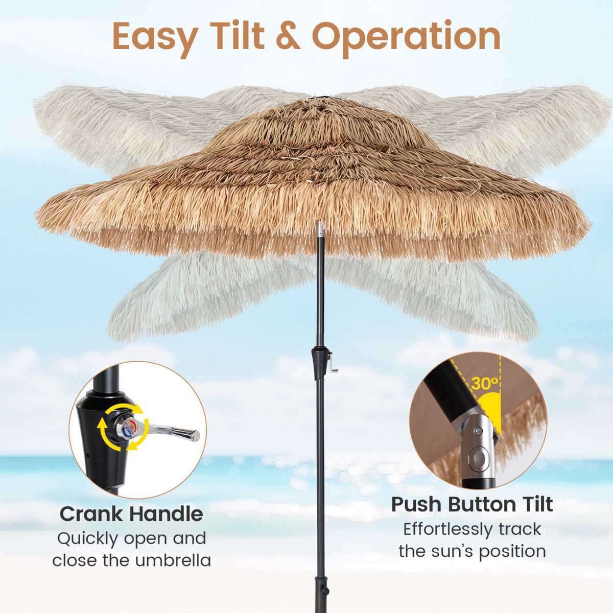9 FT Solar Thatched Tiki Umbrella with 96 Multi-colored Flowing Lights and 12 Modes-Beige view 7