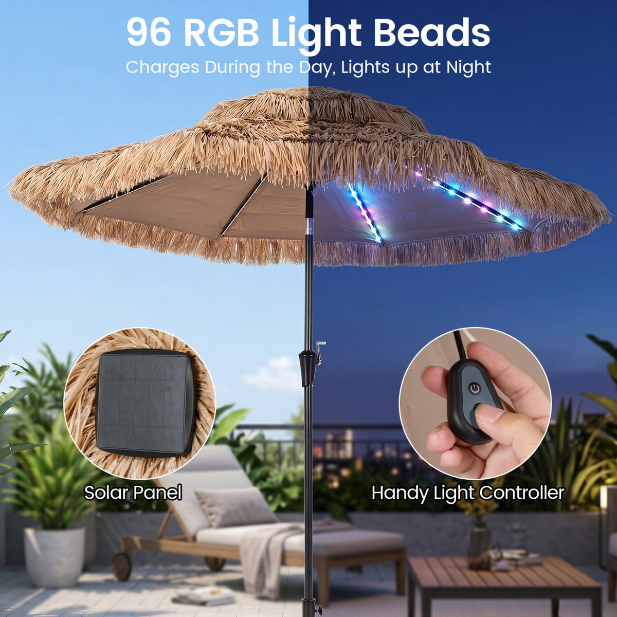 9 FT Solar Thatched Tiki Umbrella with 96 Multi-colored Flowing Lights and 12 Modes-Beige view 8
