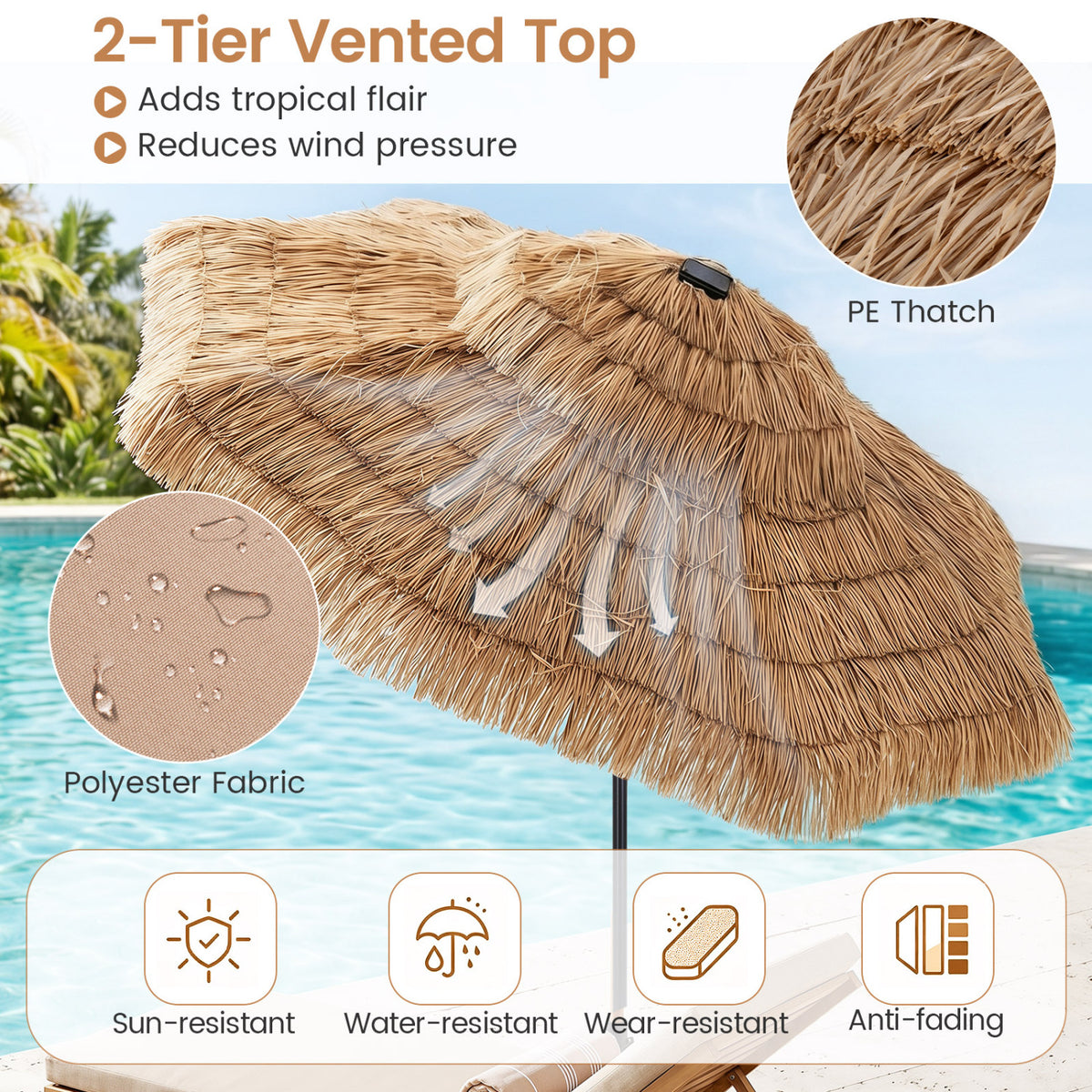 9 FT Solar Thatched Tiki Umbrella with 96 Multi-colored Flowing Lights and 12 Modes-Beige view 9