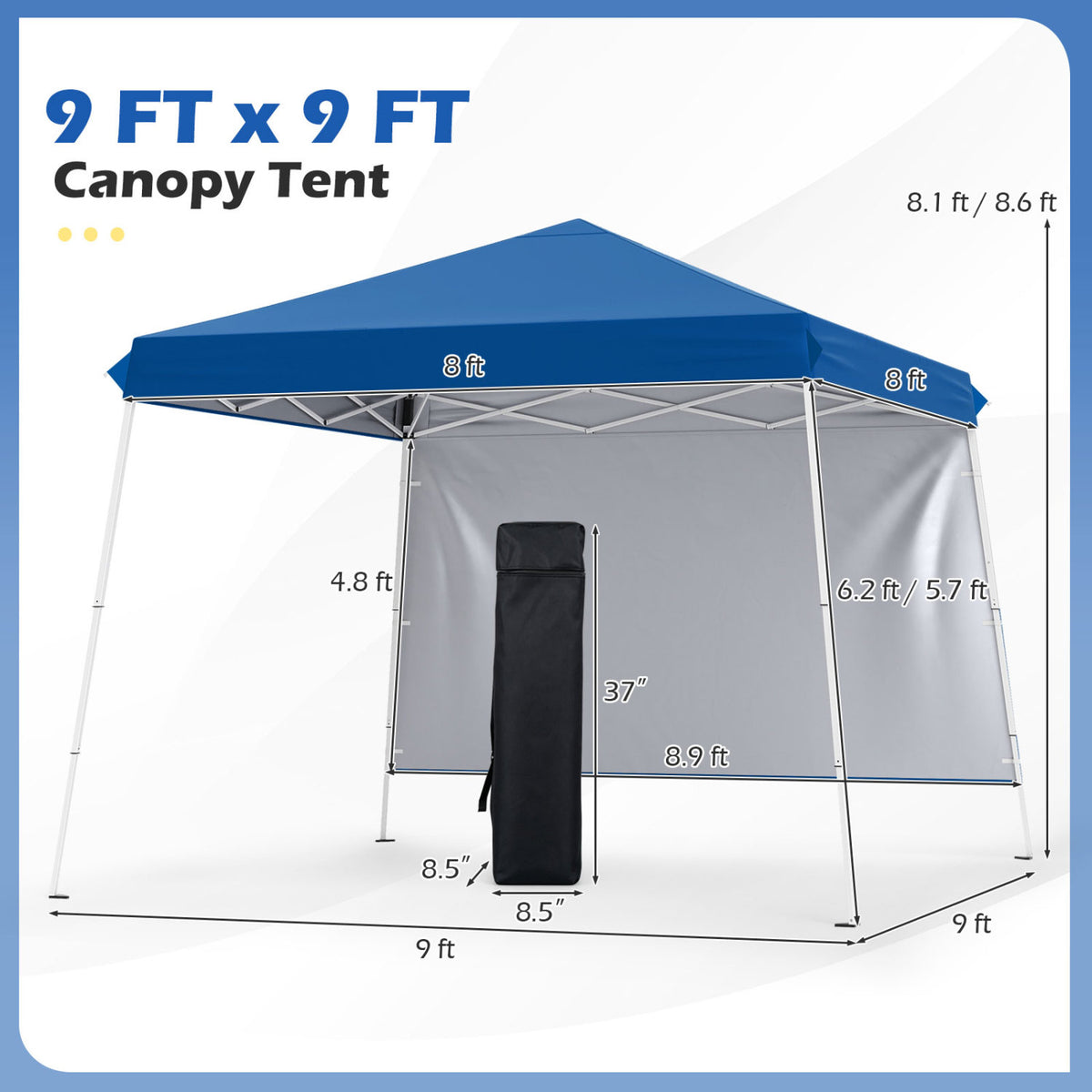 9 ft x 9 ft, Pop Up Canopy Tent with 8 Ground Stakes 4 Wind Ropes and Carry Bag, for Outdoor Party-Blue view 5