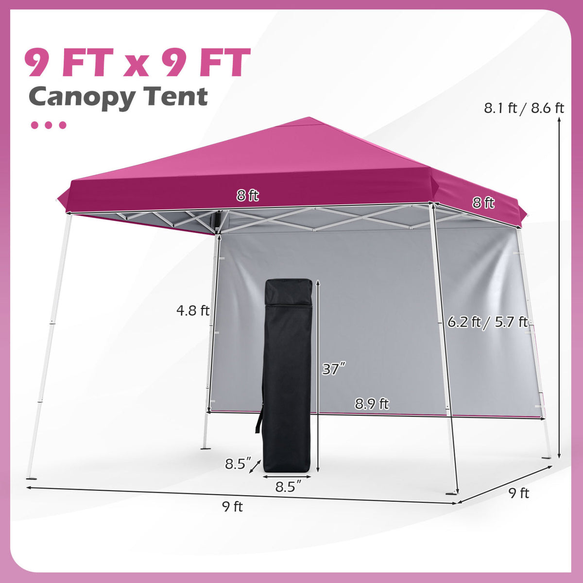 9 ft x 9 ft, Pop Up Canopy Tent with 8 Ground Stakes 4 Wind Ropes and Carry Bag, for Outdoor Party-Pink view 5