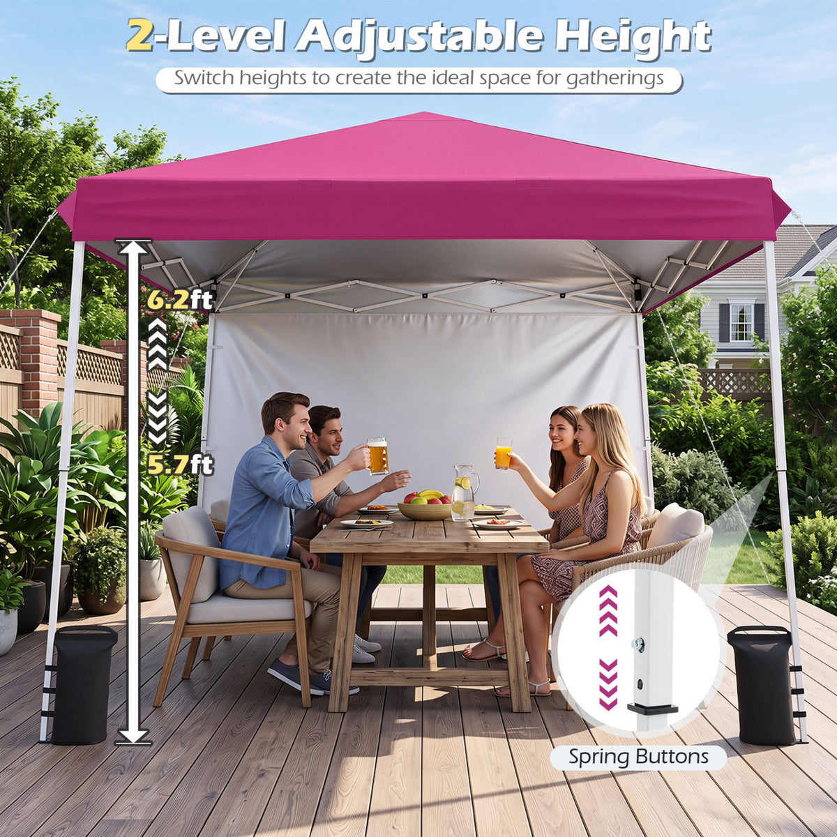9 ft x 9 ft, Pop Up Canopy Tent with 8 Ground Stakes 4 Wind Ropes and Carry Bag, for Outdoor Party-Pink view 7