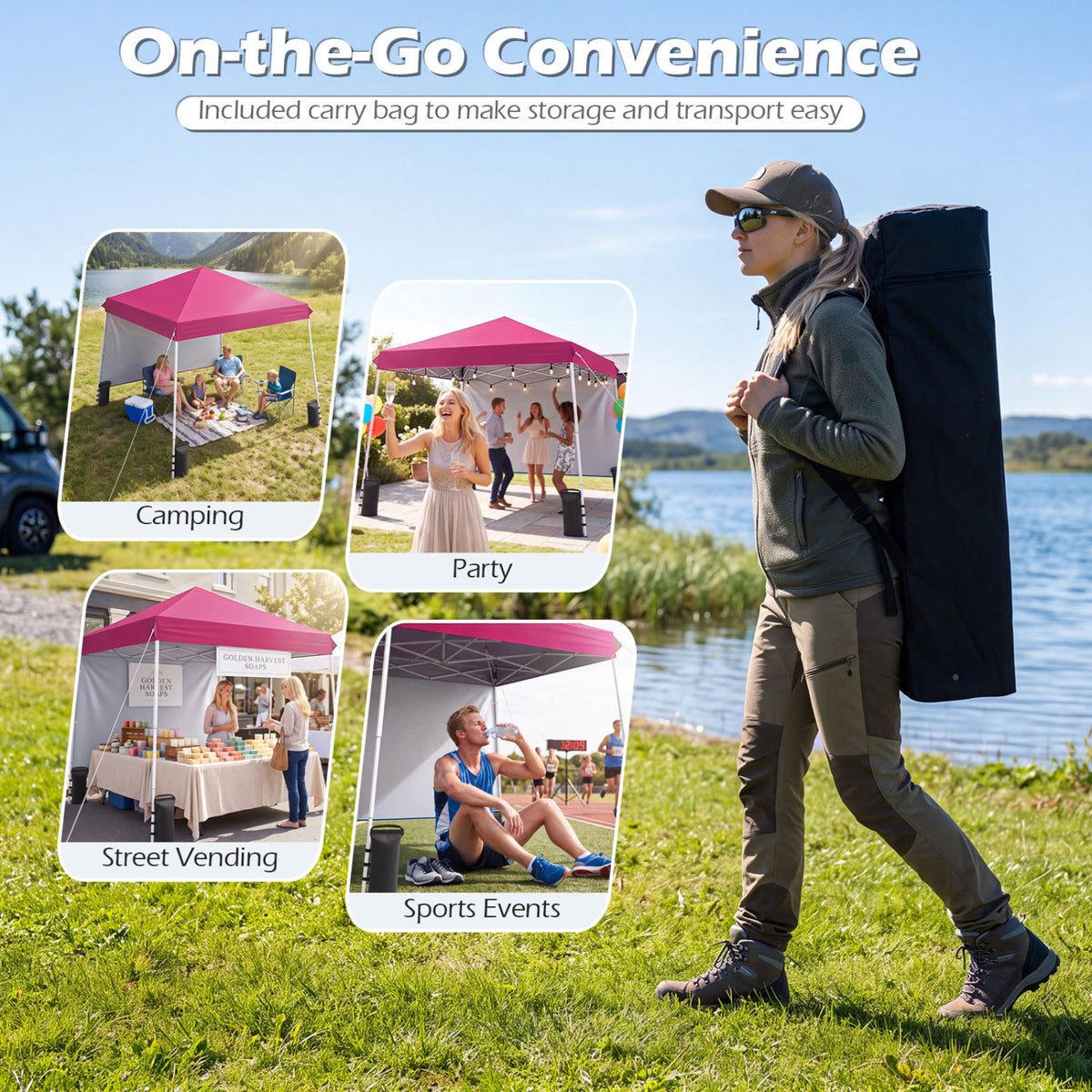 9 ft x 9 ft, Pop Up Canopy Tent with 8 Ground Stakes 4 Wind Ropes and Carry Bag, for Outdoor Party-Pink view 9