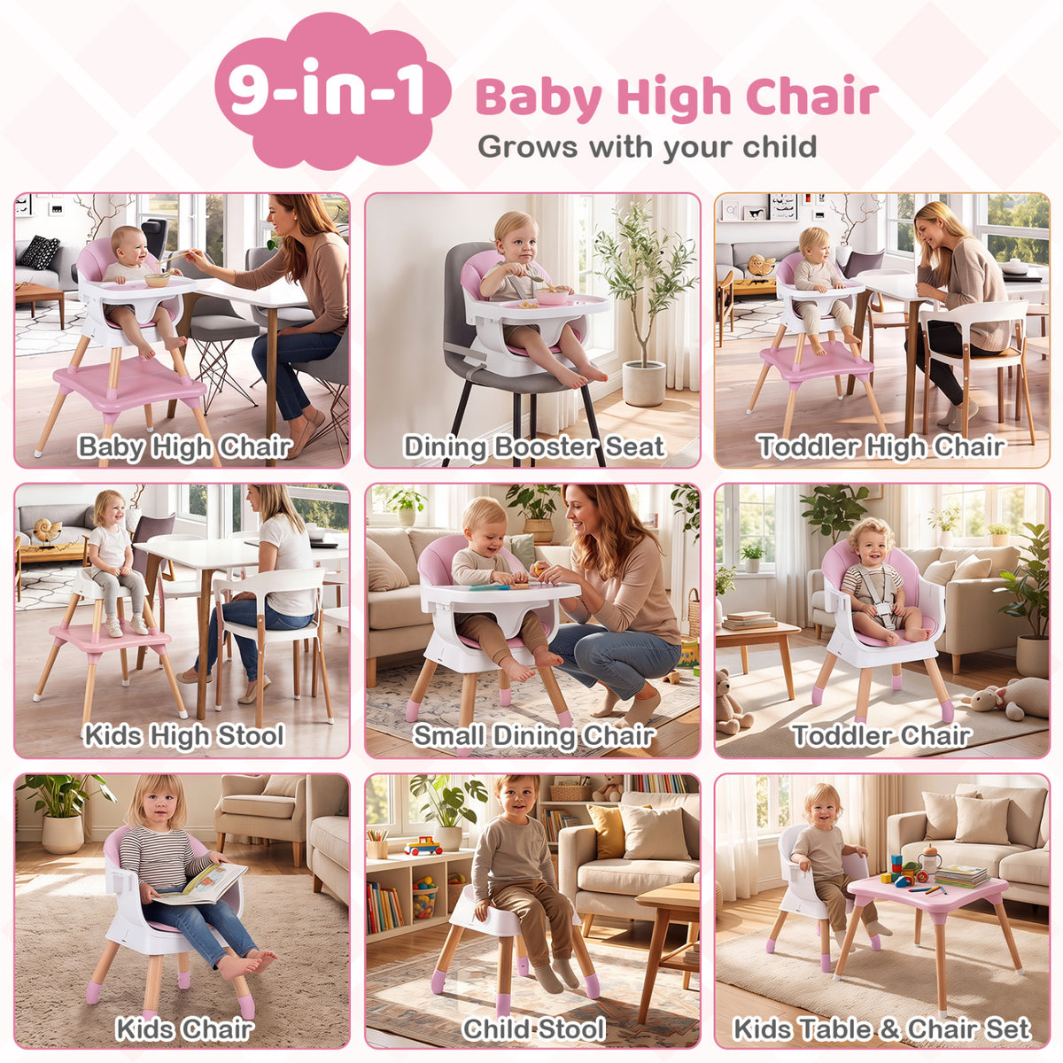 9-in-1 Convertible High Chair with Solid Wood Legs for Babies and Toddlers-Pink view 6