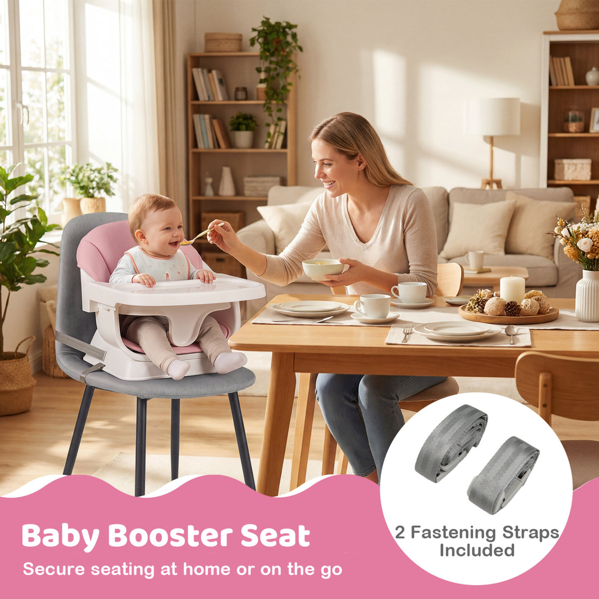 9-in-1 Convertible High Chair with Solid Wood Legs for Babies and Toddlers-Pink view 7
