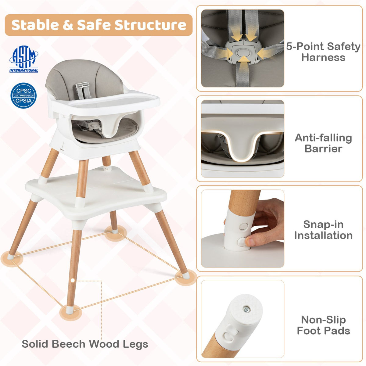 9-in-1 Convertible High Chair with Solid Wood Legs for Babies and Toddlers-White view 5