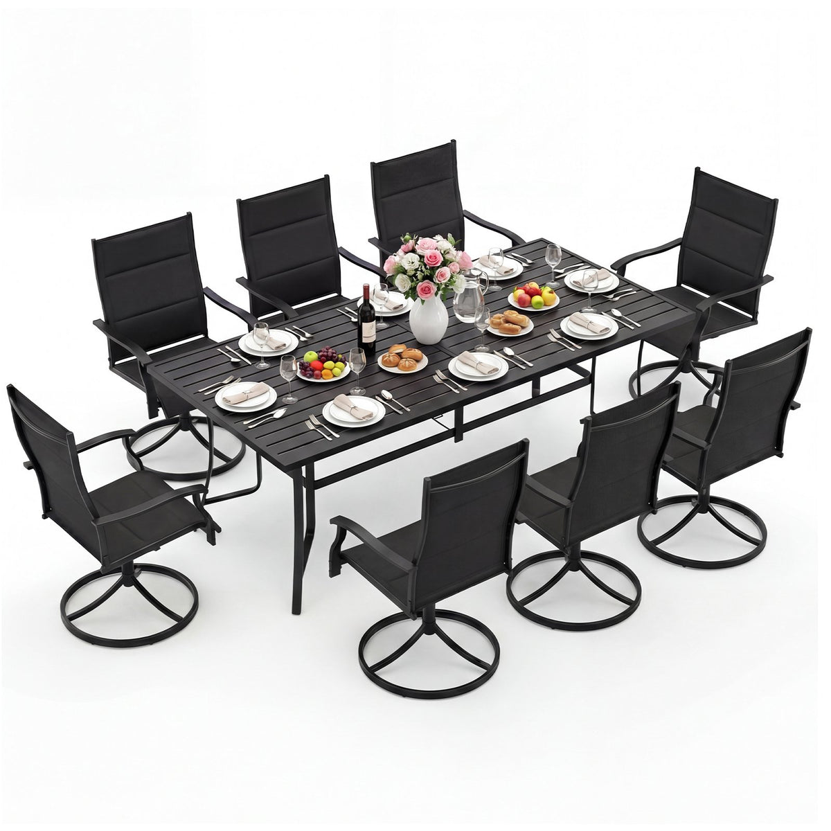 9-Piece Outdoor Dining Set for 8 with Umbrella Hole and 8 Chairs-Black view 3