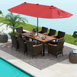 10 Piece Outdoor Dining Set with 15 Feet Double-Sided Twin Patio Umbrella-Red view 3