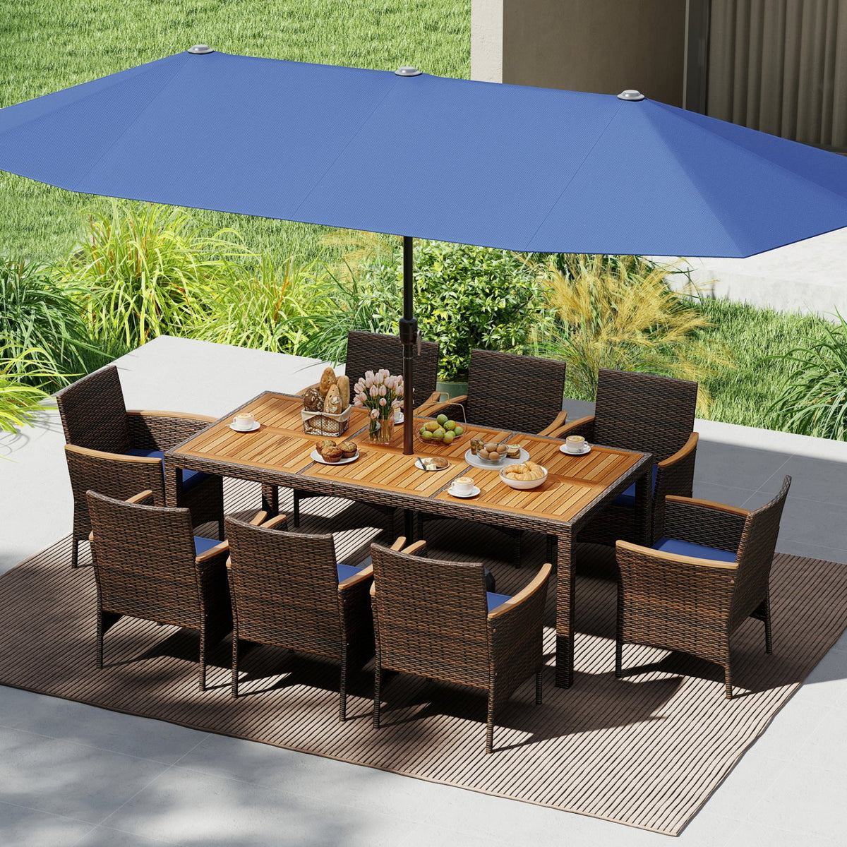 9 Piece Outdoor Dining Set with Acacia Wood Table Top-Navy view 3