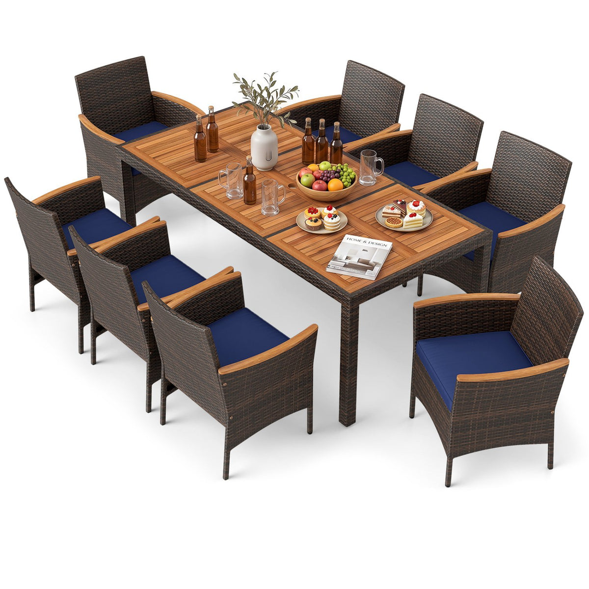 9 Piece Outdoor Dining Set with Acacia Wood Table Top-Navy view 4