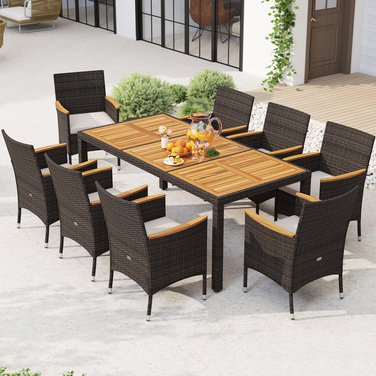 9 Piece Outdoor Dining Set with Acacia Wood Table Top-Beige view 3
