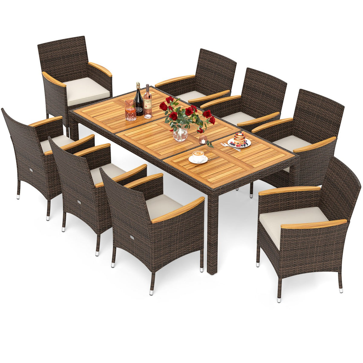 9 Piece Outdoor Dining Set with Acacia Wood Table Top-Beige view 4
