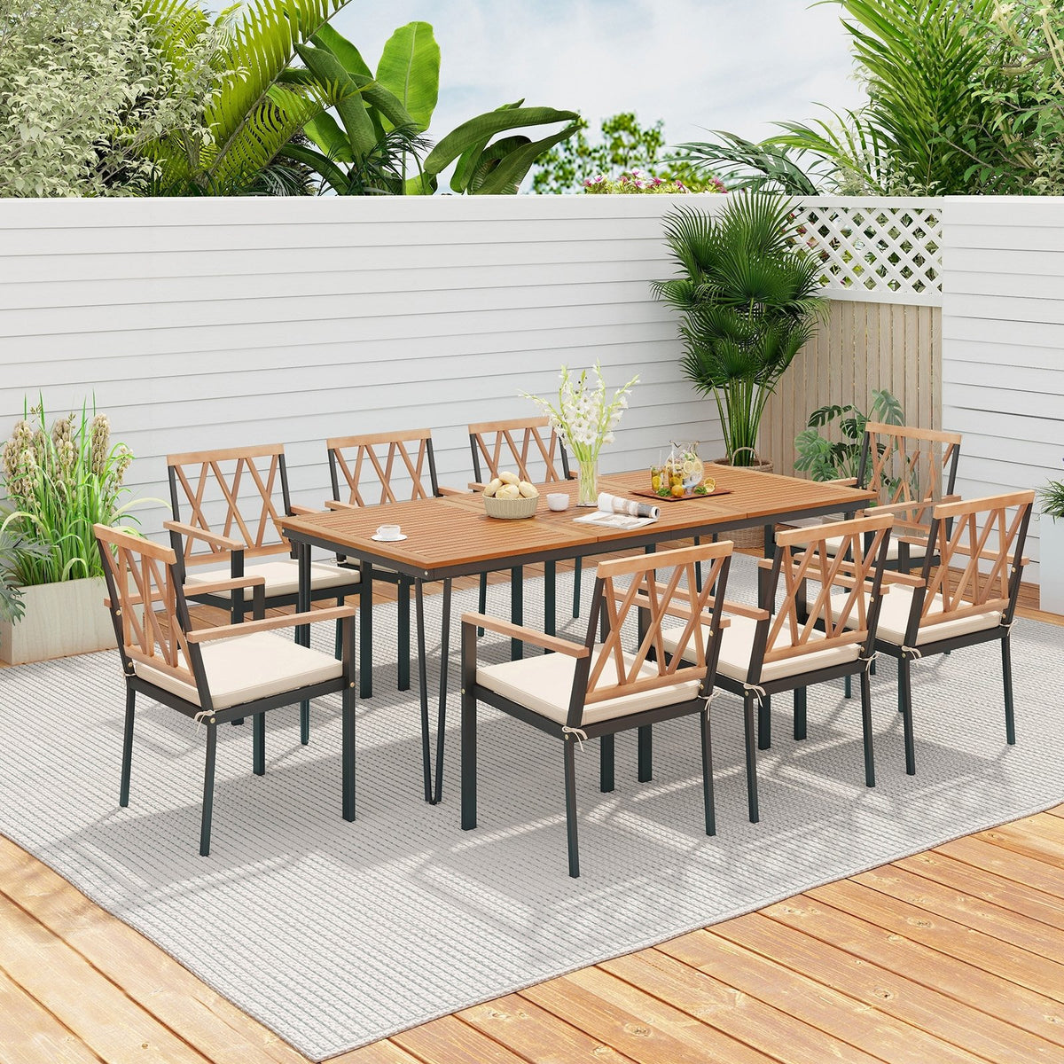 9-Piece Patio Dining Set 35.5 Inch Acacia Wood Table with Umbrella Hole and 22.5-Inch Wide Chairs view 2