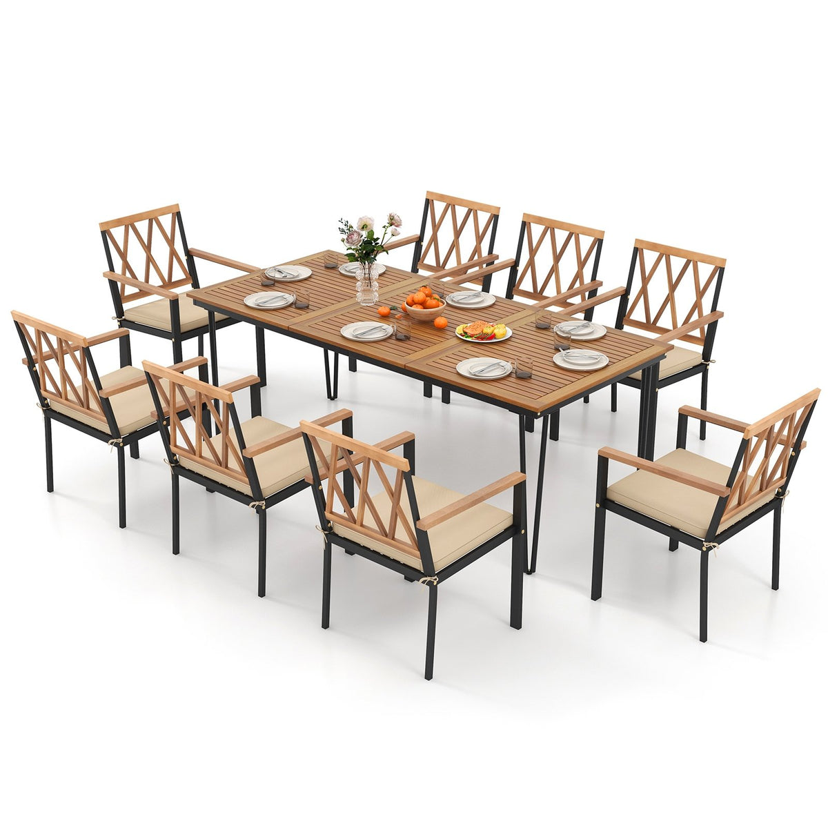 9-Piece Patio Dining Set 35.5 Inch Acacia Wood Table with Umbrella Hole and 22.5-Inch Wide Chairs view 4
