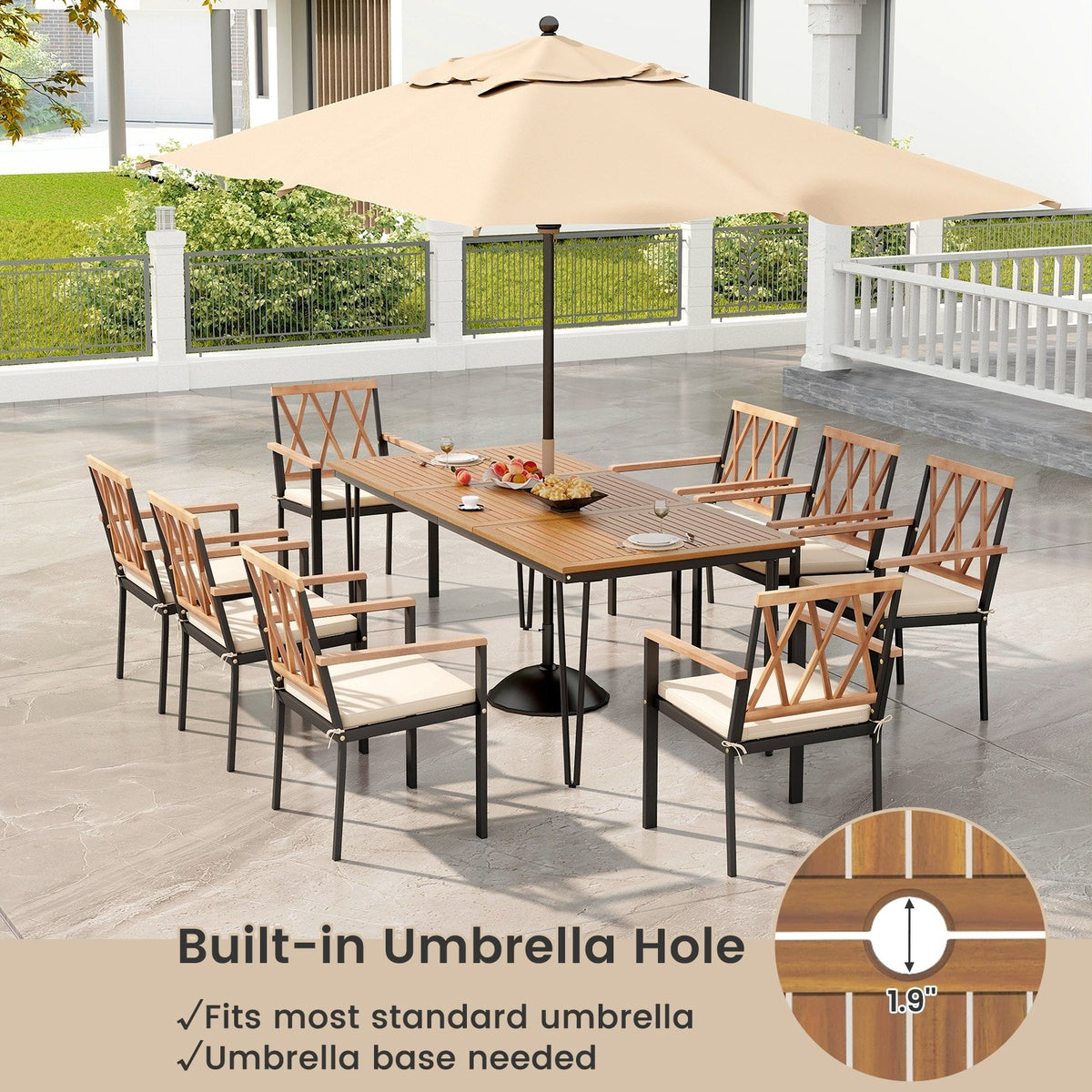 9-Piece Patio Dining Set 35.5 Inch Acacia Wood Table with Umbrella Hole and 22.5-Inch Wide Chairs view 6