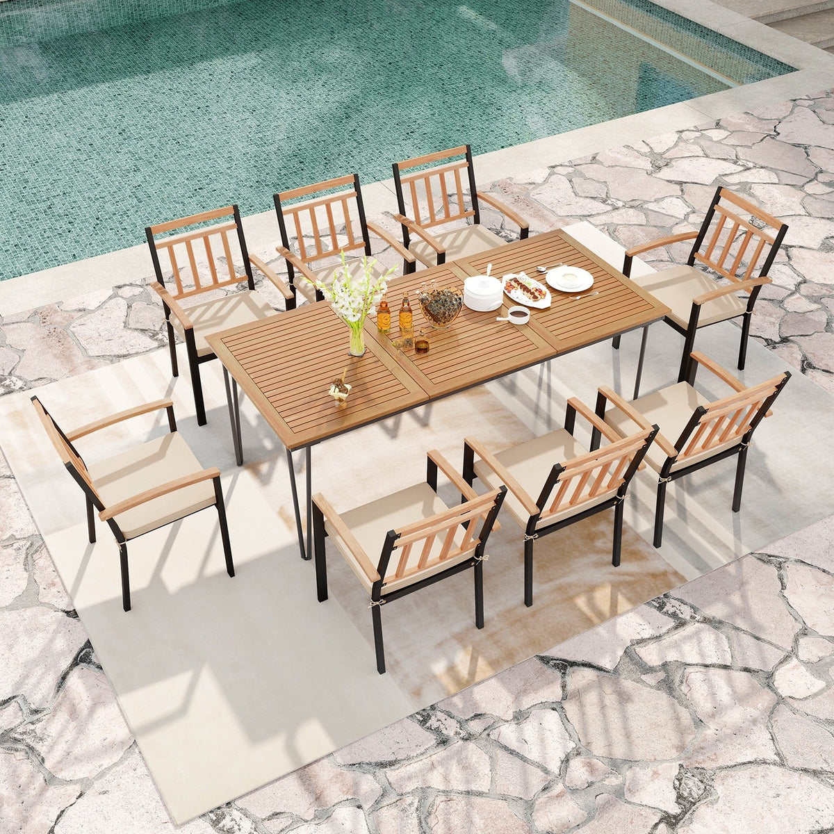 9-Piece Patio Dining Set 35.5 Inch Acacia Wood Table with Umbrella Hole and 24-Inch Wide Chairs view 3